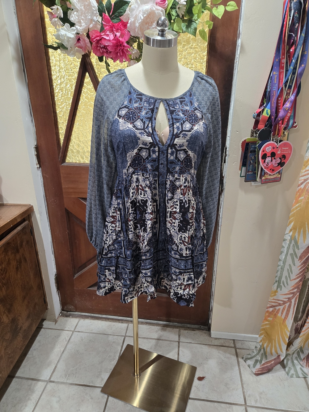 Free People Boho Printed Navy and White Peasant Dress